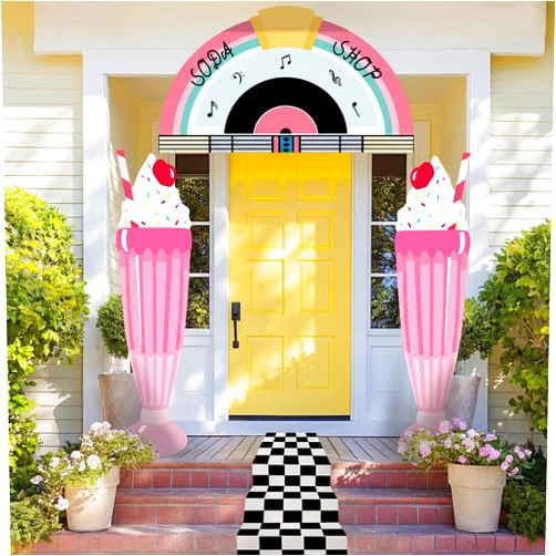 Tranqun 4 Pcs 50s Party Decorations 1950s Retro Record Party Entryway Retro Diner Door Banner Black White Checkered Runner Rug for Rock and Roll Sock Hop Music Birthday Background Photo Props