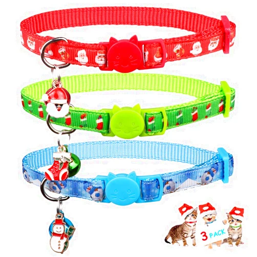 Stpiatue 3PCS Christmas Breakaway Cat Collars with Bell Safe and Adjustable Soft Nylon for Kitten