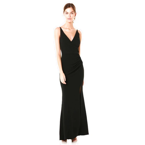 Dress the Population Women's Jordan Plunging Drape Front Sleeveless Long Gown with Slit