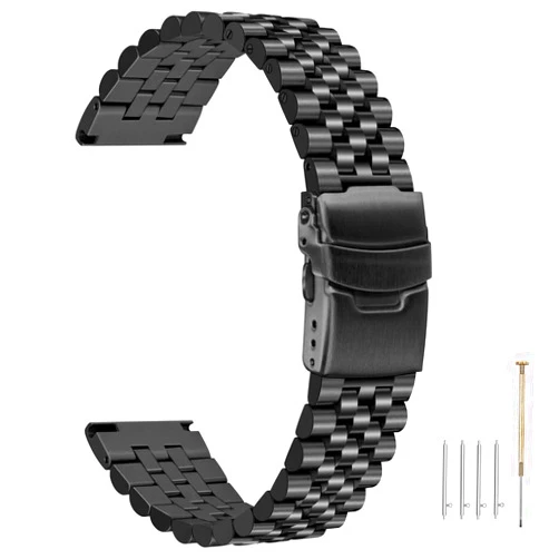 Kai Tian Three-dimensional Quick Release Metal Watch Band 20mm 22mm Stainless Steel Engineer Watch Bands Taper Links with Fold Over Clasp Black, Silver