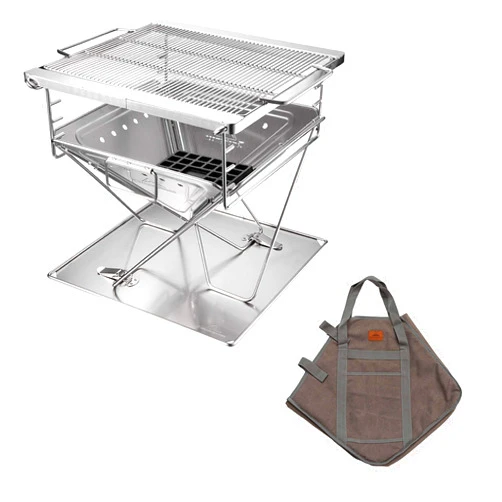 Camping moon CAMPINGMOON 3-in-1 Portable Stainless Steel Wood Burning Grill and Fire Pit 14x15.35-inch with Carrying Bag MT-035