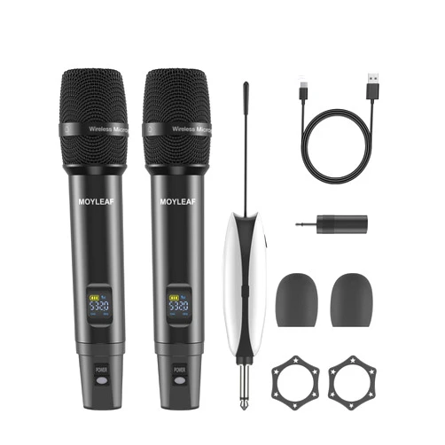 MOYLEAF Wireless Microphones, UHF Metal Dual Handheld Cordless Dynamic Mic System with Rechargeable Receiver, 1/4 