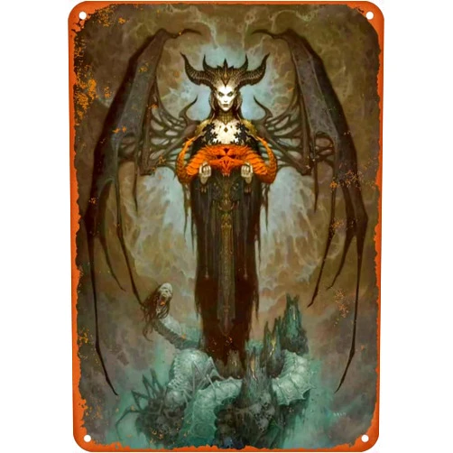 Qyhdnhjslo Lilith Diablo IV Poster Tin Sign Metal Vintage Tin Signs Bar Cafe Home Wall Decor Retro Poster 8X12 Inch