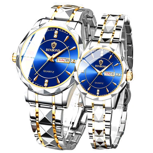 Yunanwa Valentines Couple Pair Watches Men and Women Luminous Calendar Waterproof Gold Silver Stainless Steel Quartz Watch Blue Face his and Hers Watches Set Lovers Set of 2
