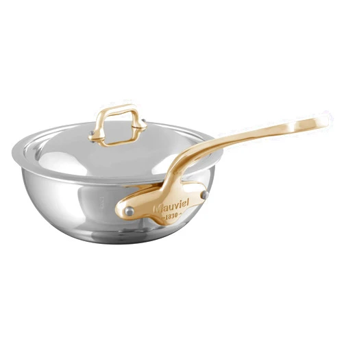 Mauviel M'Cook B 5-Ply Polished Stainless Steel Chef Pan With Lid, And Brass Handle, 3.4-qt, Made In France