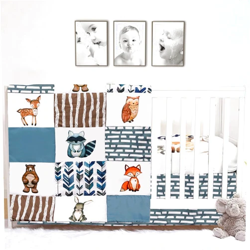 PINNKKU 3-Piece Crib Bedding Set for Boys, includes Crib Skirt, Blanket, Crib Sheet, Crib Baby Bedding, Woodland Animals, Standard Crib Size
