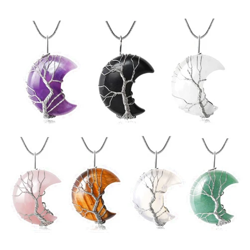 SANSWL Crystals and Healing Stones Neckalces Set - Tree of Life Healing Crystal Necklace Pendant Jewelry,SANSWL Handmade Natural Energy Reiki Crystal Spiritual Gemstones,for Christmas Present,Anniversary Day