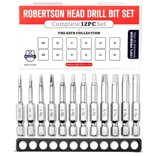 BAKER AND BOLT Robertson Square Drill Bit Set (PREMIUM Complete 12pc Set)/w Storage Case and Bit Holder -Hex Shank Magnetic Bit Set -THE GIFD COLLECTION -Fortified S2 Steel -Long 2in Heads for Drills