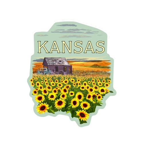 Lantern Press Die Cut Sticker Kansas, Wheat Fields, Shack and Sunflowers, Badge, Contour Vinyl Sticker 3 to 6 inches, (Waterproof Decal for Cars, Water Bottles, Laptops, Coolers), Large