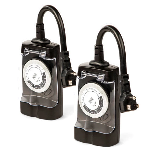 BLACK+DECKER Outdoor Timer, 2 Pack, with 2 Grounded Outlets - Waterproof Outlet Timer with 30-Minute Intervals for Lights, Holiday Decorations - Analog Light Timers with Outlet On/Timer On Switch