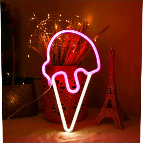 CAMPSLE Ice Cream Neon Sign, LED Neon Lamp Unique Room Decor USB and Battery Powered, Art Decorative Night Lights Indoor for Home, Bedroom, Office, Party