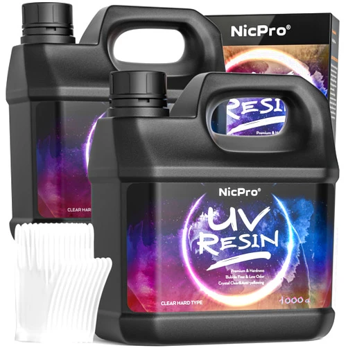 Nicpro UV Resin Kit 2000g, Large Crystal Clear UV Cure Epoxy Resin Supplies, Low Odor & Quick Curing Transparent Solar Activated Glue for Jewelry Making, Handmade DIY Craft, Coating and Casting