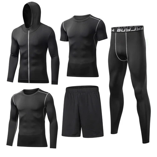 BUYJYA 5Pcs Men's Compression Pants Shirt Top Long Sleeve Jacket Athletic Sets Gym Clothing Mens Workout Valentine's Day gift