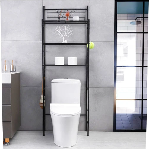 Kimzda 3-Tier Bathroom Over The Toilet Storage Rack Free Standing Metal Frame Shelf Organizer, with 4-Hooks, Black
