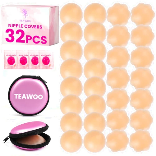 TEAWOO 32 PCS Nipple Covers for Women, Reusable Nipple Coverings, Nipple Pasties, Boob Pasties, Reusable Silicone Adhesive Invisible Pasty Nipple Covers for Women with Travel Box Pink