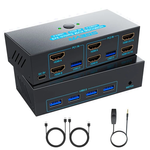 SGEYR HDMI KVM Switch Dual Monitors, 4K@60Hz KVM Switch 2 Monitors 2 Computers with 4 USB 3.0 Ports Share 2 Monitors and USB Devices, Support Wired Remote and Button Switch, Sharing Keyboard& Mouse