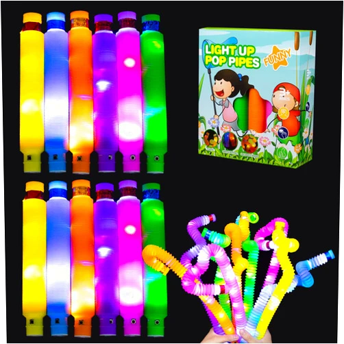 DJBoomy Light Up Pop Fidget Tubes: Glow Sensory Tube Stretch Toys for Kids Party Favors - Mini Plastic Pull Tubes Bulk with LED Lights Glowing Stick in the Dark (12 Pcs)