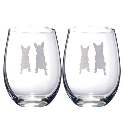 The Wine Savant Set of 2 Boston Terrier Dog Stemless Wine Glasses - Boxwood, Boston Bull Terrier, American Gentleman Lover - for Him & Her - Dogs Silhouette - Etched Tumblers for Anniversary, Wedding, Gifts (18 OZ)