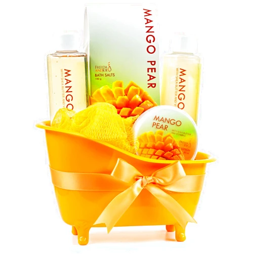 Freida and Joe Tropical Mango Pear Fragrance Spa Set for Women - Bath & Body Set in Stylish Orange Tub - Gift Ready with Shower Gel, Body Lotion, Bubble Bath, Bath Salts, and Bath Puff