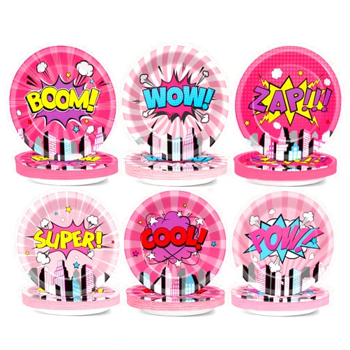 CHUNNIN 60Pcs Super Girl Hero Party Paper Plates for Hero Birthday Party Decorations 7in Pink Comic Hero Disposable Tableware Dinnerware Set for Baby Shower Girls Birthday Themed Party Supplies