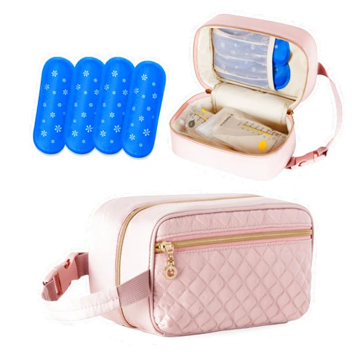 Damero Breastmilk Cooler Bag with 4 Ice Packs -Breastmilk Cooler Travel Bag Organizer with Detachable Buckle Handle for Daycare and Breastfeeding Mom,Pink