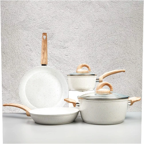 Vkoocy White Pots and Pans Set Non Stick, Ceramic Cookware Set with Granite Pattern Kitchen Cooking Sets Induction Pot and Pan w/Frying Pans, Saucepans, Casserole, Non-Toxic, PTFE/PFOA/PFOS-Free