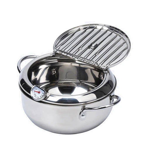 Elvaesther Deep Fryer Pot Tempura Frying Pan 304 Stainless Steel Flat Bottom Stove Top Japanese Style Cookware W/Lid & Temperature Control Thermometer 304#20cm fryer