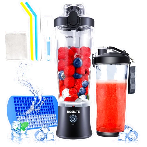BOSICTE Portable Blender, BOSICTE Personal Size Blender for Shakes and Smoothies with 6 Blades, 20 Oz Mini Blender Cup with Travel Lid and USB Rechargeable for Office, Gym, Kitchen (Black)