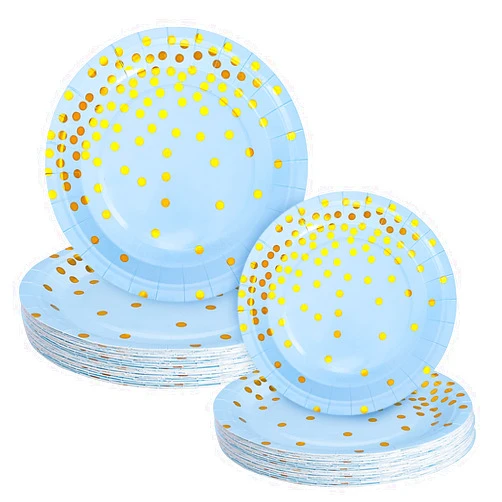 Homyplaza Gold Dots Party Paper Plates, Blue and Gold Foil Dot Disposable Paper Plates, Round Paper Plates for Party Supplies (Blue)