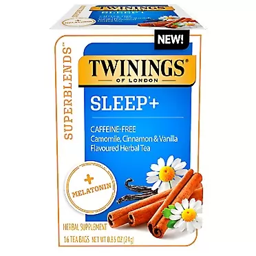 Twinings of London Superblends Sleep + Melatonin, Camomile, Cinnamon & Vanilla Flavoured Herbal Tea, Caffeine-Free, 16 Count (Pack of 6) Superblends Sleep Melatonin Camomile 16 Count (Pack of 6)