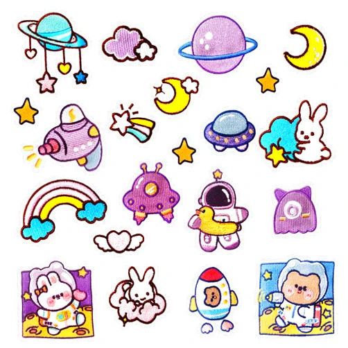 Woohome 21 PCS Purple Space Astronaut Iron On Patches Applique Stickers Starry Sky Space Rabbit Space Bear Embroidered for Clothes Jacket T-Shirt DIY Accessories Shoes