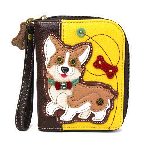 CHALA Zip Around Wallet, Wristlet, 8 Credit Card Slots, Sturdy Pu Leather - Corgi - Mustard