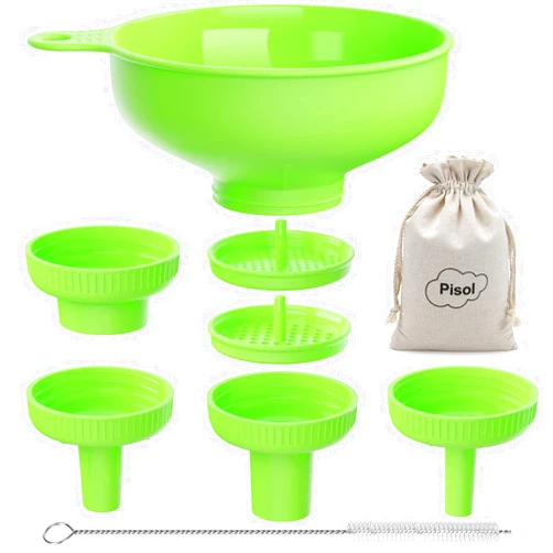 Pisol Wide Mouth Versatile Funnel, Canning Funnels for Kitchen Use, Food Grade Plastic Cooking Funnel Set with 4 Size Spouts and 2 Strainers for Filling Different Bottles and Bags, Green