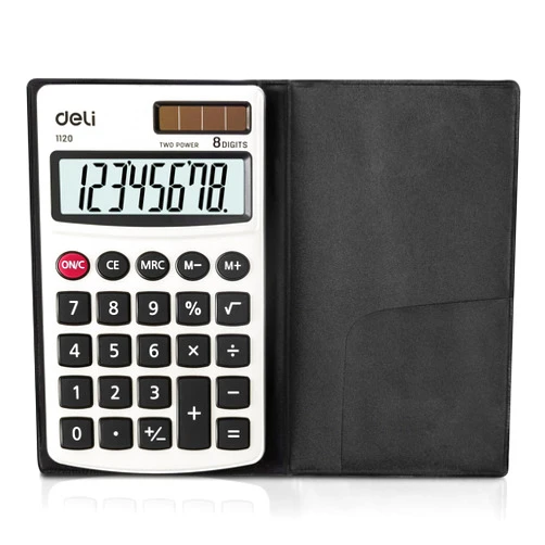 Deli Calculator, Deli Standard Function Basic Calculators, Solar Battery Dual Power Office Calculator with Cover, Metal Panel