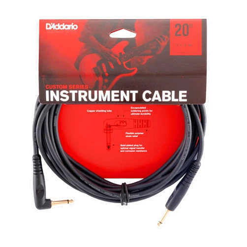 Planet Waves D’Addario Accessories Custom Series Guitar Cables - Instrument Cable with ¼ Inch Ends - High Performance Guitar Cord - For Guitars, Bass, Keyboards - Mono - Right Angle, 20 feet