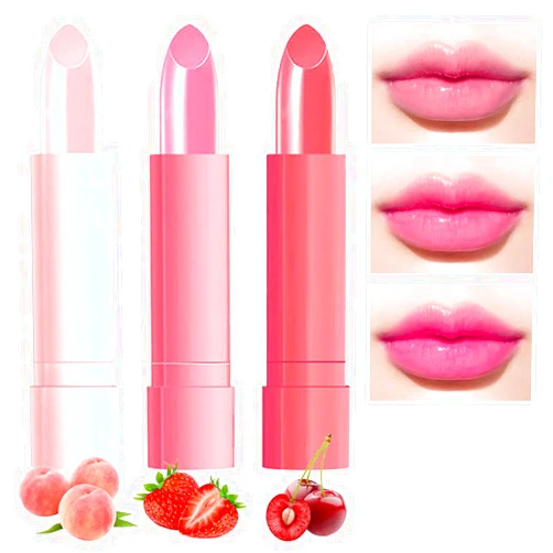 BINGBRUSH 3 Pcs Peach Strawberry Red Cherries Color Changing Lipstick Queen,Long Lasting Lip Care Moisturizer Lip Balm Magic Lip Gloss Lip Tint Stain Glossly