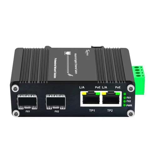 Ndarepoo Mini Industrial 2-Port Gigabit 30W PoE Media Converter with DIN Rail Mount Hardened IEEE 802.3af/at 30W PoE+ Ethernet to SFP Fiber Converter with 2 RJ45 Ports & 2 SFP Ports