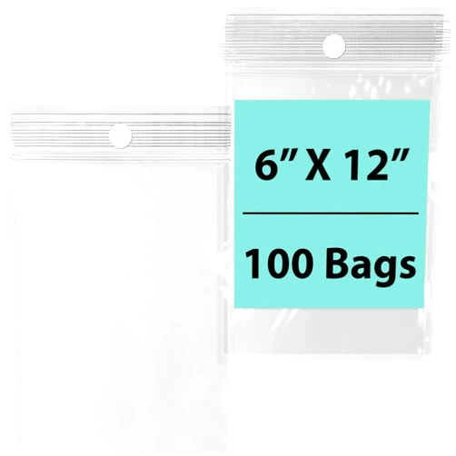 Blue APPLE PACKAGING Reclosable Hang Hole Poly Bags - 6 x 12 & (100 Bags) 2 Mil Clear Plastic with Resealable Lock Seal Zipper | Durable Poly Baggies | Resealable Zip Top Lock For Jewelry, Storage, Packaging & Shipping