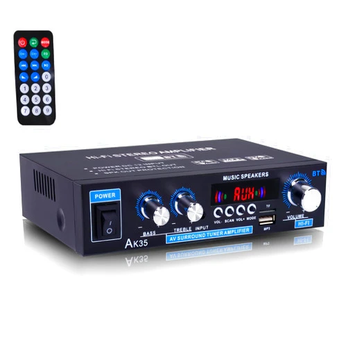 WOOPKER AK35 200W Stereo Audio Amplifier Bluetooth 5.0, 2.0 Channel Mini Amplifier Stereo Receivers with Bass & Treble Control,Home Amplifier w/AUX, USB, SD Card Input,Remote Control