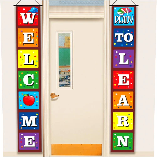 PAMBO Welcome Back to School Banner for First Day of School Hanging Decorations, Ready to Learn Sign Backdrop Decor Party Supplies for Pre-School Primary School Classroom Decorations