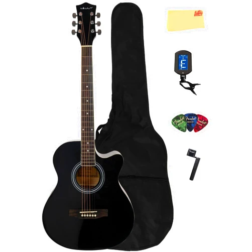 Vault EA-20 Full-Size Cutaway Acoustic Guitar - Black Bundle with Gig Bag, Tuner, String Winder, Picks and Austin Bazaar Polishing Cloth