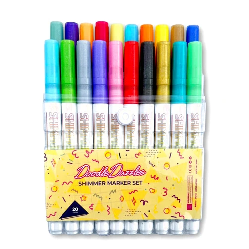 DoodleDazzles Shimmer Markers Set - Double Line Outliner Marker - Metallic Pens - Gifts for Girls, Boys, Kids, Women, etc. - School Supplies Great For Drawing, Craft, & more - 20 ct