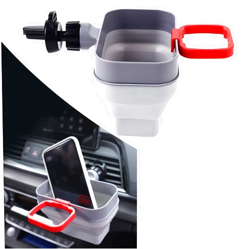 Flygun 1 PC Car Sauce Dip Holder, 2-in-1 French Fry + Sauce Retractable Folding Bracket, Cell Phone Coin Key Sunglasses Air Conditioning Outlet Storage Box, Universal Portable Accessory (Gray & Red)