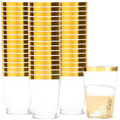 Blue Sky 8oz Elegant Gold Rim Tumblers (50 Count) - Premium Clear Plastic Disposable Cups for Parties, Weddings & Events