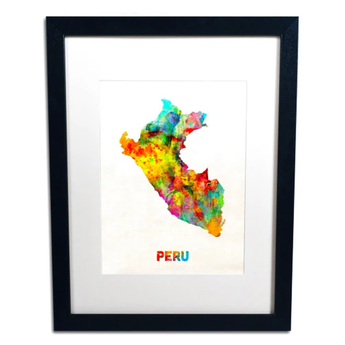 Trademark Fine Art Peru Watercolor Map Art by Michael Tompsett in Black Frame, Acrylic Paper 16 by 20-Inch, White Matte