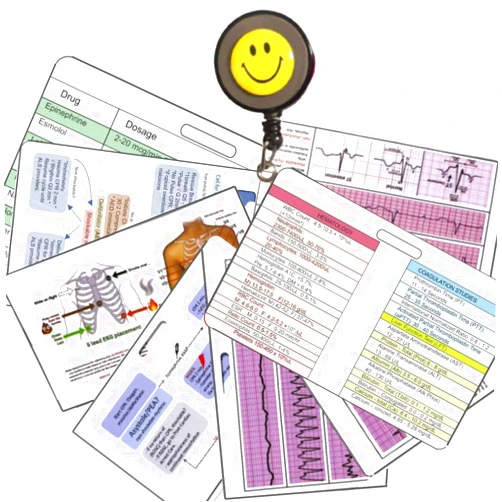 MOMOZEE 8 Cardiac Badge Reference Card, ACLS, Lab, EKG Rythm & (PDF Cheat Sheet) - Telemetry Nurse, Nursing Student Badge, Cardiac IV Drips, lab Values, CPR, Code Blue, 5 &12 Lead, 18 ECG Reading