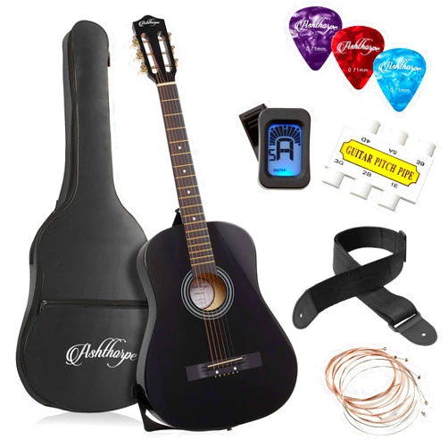 Ashthorpe 38-inch Beginner Acoustic Guitar Package (Black), Basic Starter Kit w/Gig Bag, Strings, Strap, Tuner, Pitch Pipe, Picks