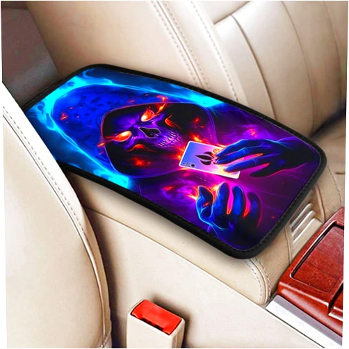 Indokyeyqaz Universal Car Center Console Cushion Pad, Playing Cards Skull Blue Soft Waterproof Car Center Console Cover Auto Armrest Seat Box Cover Protector for Most Vehicle SUV Truck Car