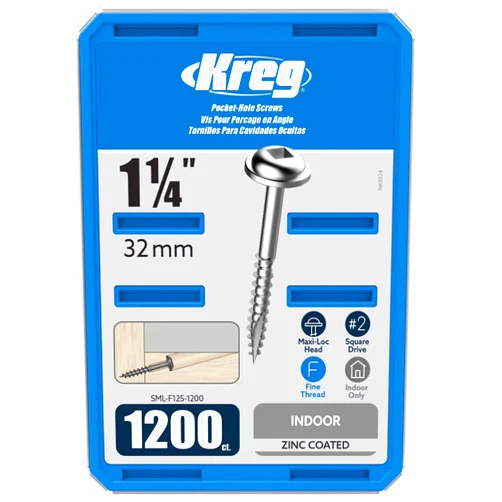 Kreg SML-F125-1200 Zinc Pocket Screws, 1 1/4 Inch, #7 Fine Thread, Maxi-Loc Head (1200 Count)