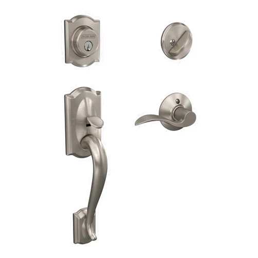 Schlage F60 V CAM 619 ACC Camelot Front Entry Handleset with Accent Lever, Deadbolt Keyed 1 Side, Satin Nickel